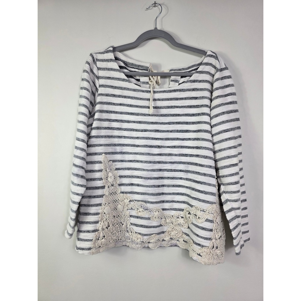 Cupio Size XL Navy Ivory Strip French Terry Top Crochet Accent Coastal